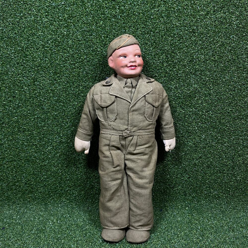 Vintage 1940s WWII Military Soldier Doll 12" Composition Head Cloth Body Uniform